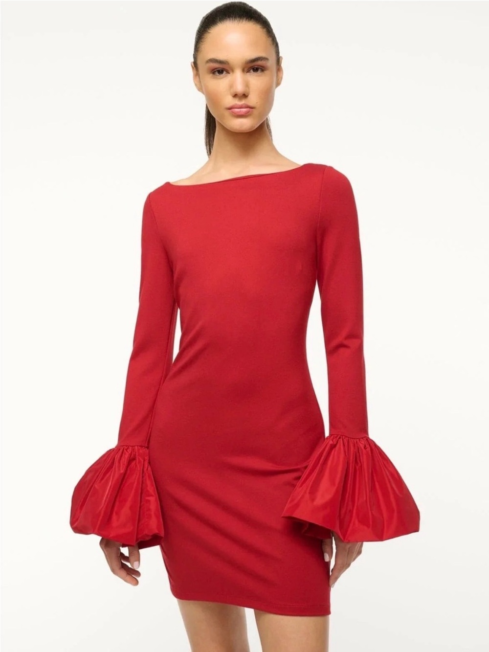 STAUD Hawthorne Red Boatneck Mini Dress with Statement Bell Cuffs